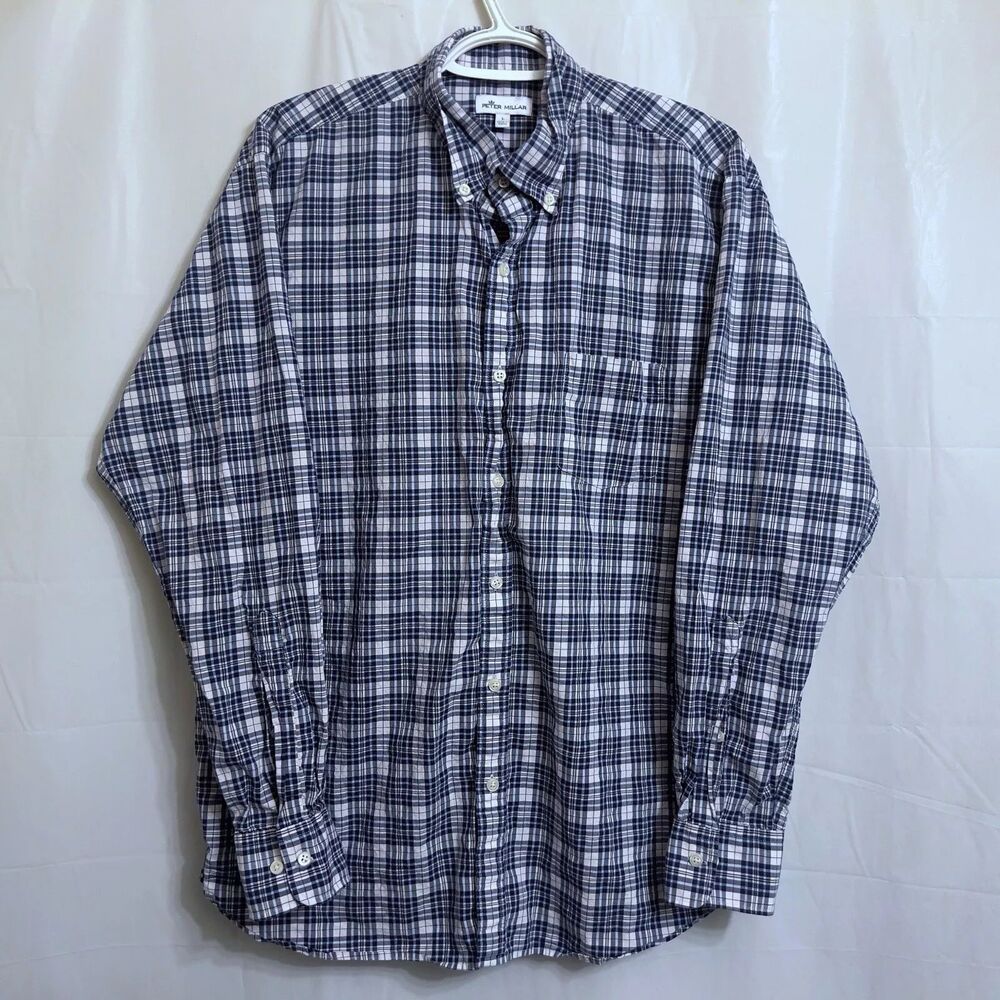 Peter Millar Button Down Shirt Men's Large L Blue White Plaid Cotton Linen Blend